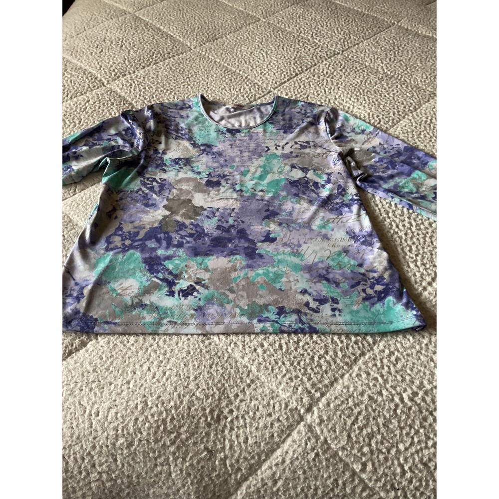 TanJay Top Petite Purple Teal Excellent Abstract Floral Long Sleeve Blouse